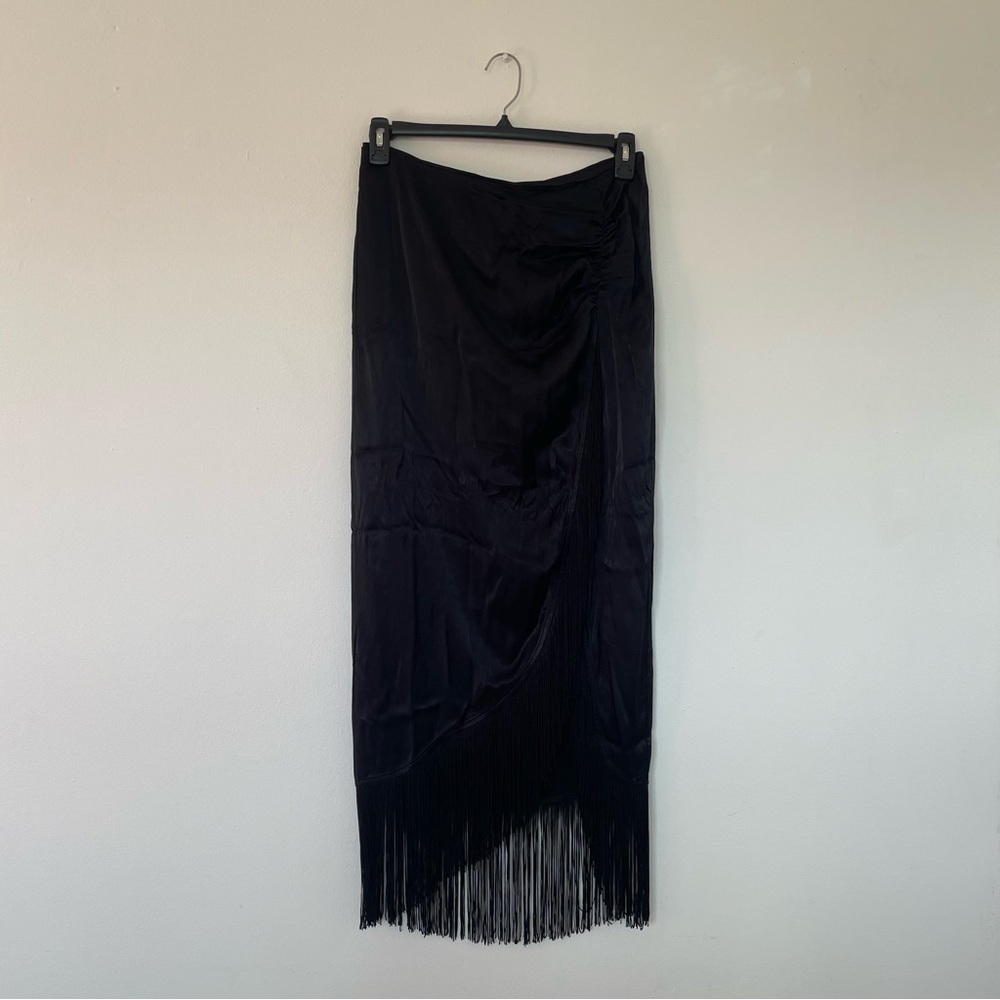 Anthropologie Women’s Long Black Asymmetrical Fringe Satin Split Skirt Size 6 - Picture 3 of 12